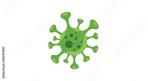 A simple flat design illustration of a green virus or bacterium cell, representing disease, germs, or the coronavirus.