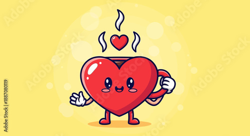 Cute Cartoon Red Heart Character Holding Steaming Coffee Cup on Light Yellow Bokeh Background
