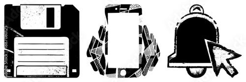 Vintage Floppy Disk, Smartphone, and Notification Bell in Retro Halftone Style