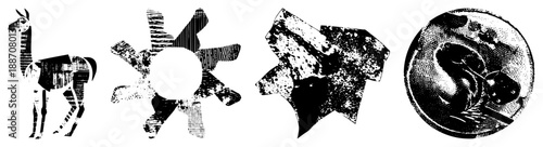 Four Stylized Black and White Graphic Symbols with Textured