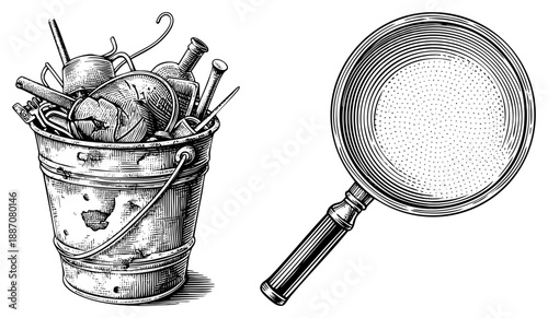 Vintage Bucket Overflowing with Sewing Tools and Magnifying Glass