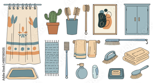 A cozy collection of hand-drawn bathroom and spa accessories in a rustic, bohemian style, including towels, brushes, and soap.