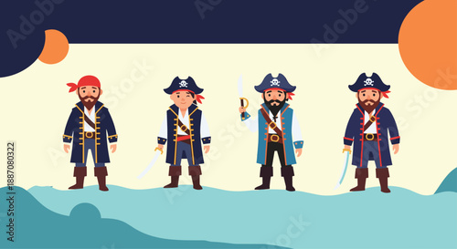 A group of four different cartoon pirate characters with beards and captain hats, standing on a stylized sea and sky background.