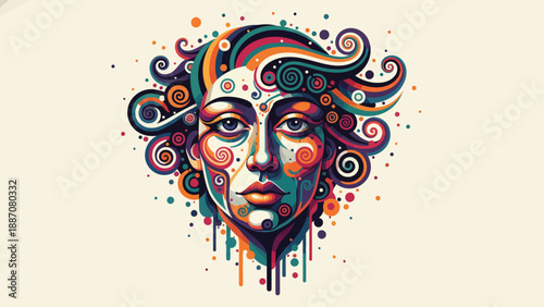 Vibrant Abstract Portrait of a Woman with Swirling Hair.