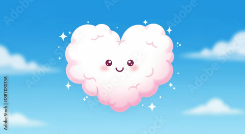 Cute heart-shaped cloud cartoon character with a sweet face, floating happily in a bright blue sky with other clouds, symbolizing dreams and tenderness.