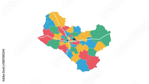 Colorful Map of Administrative Divisions with Roads and City Center