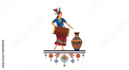 Indigenous woman in traditional clothing with feathers playing a drum next to a decorated vase on an ornamental platform.