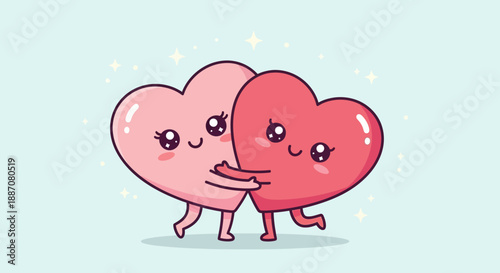 Two Cute Heart Characters Hugging with Sparkles on Light Blue Background, Affectionate Love and Friendship Scene