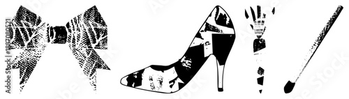 Vintage Halftone Bow, High Heel Shoe, Handprint & Paintbrush Vector