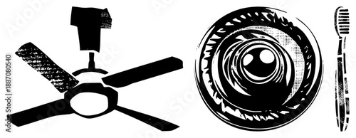 Vintage Ceiling Fan, Drain Plug, and Toothbrush Vector