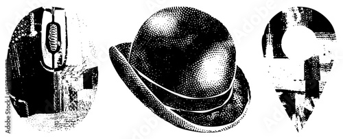 Vintage Bowler Hat and Retro Microphone with Halftone Texture