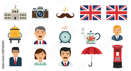 Set of flat design vector icons representing modern and traditional English culture with people, flags, and famous symbols.