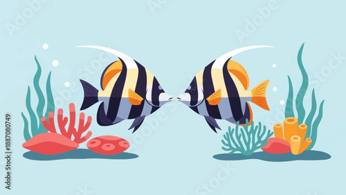 Two Angelfish Kissing Underwater Scene with Coral and Seaweed