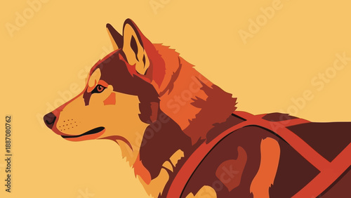 Husky dog portrait, sled dog harness, arctic animal, warm colors, vector illustration