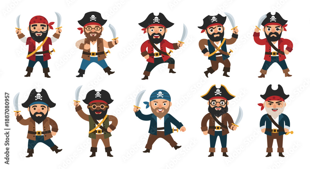Obraz premium Set of ten cartoon pirate characters in various poses with different outfits, beards, and holding swords for adventure.