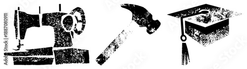 Vintage Sewing Machine, Hammer, and Graduation Cap Silhouettes in Grunge Style