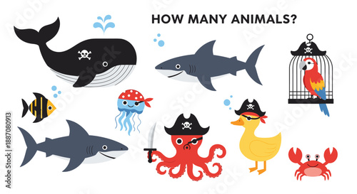 Educational counting game for children featuring a collection of cute pirate-themed sea animals like sharks and an octopus.