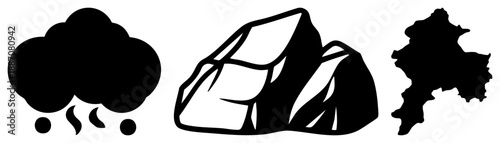 Rain Cloud, Rock Formation, and Geographic Map Silhouettes