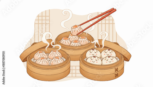 Steamed dumplings in bamboo steamer baskets with chopsticks