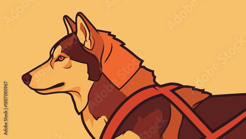 Sled Dog Portrait: Husky with Harness, Vector Art, Orange Background