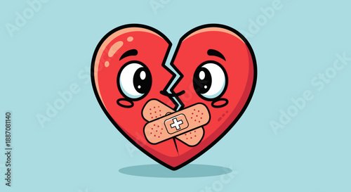 Sad Broken Heart Character with Bandage on Light Blue Background Showing Mending and Healing