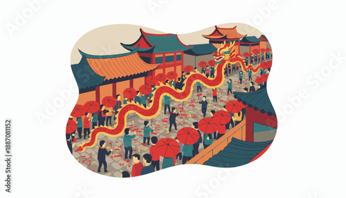 Dragon Dance Performance in Traditional Chinese Architecture