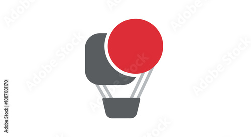 Minimalist Hot Air Balloon Logo with Red Balloon and Gray Basket on Isolated White Background