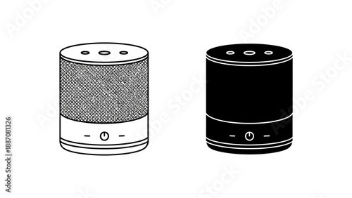 A minimalist vector illustration of two smart speaker devices in black and white