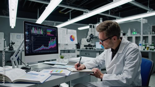 Wallpaper Mural Focused male researcher writing in notebook while studying charts and graphs on a computer screen. Modern medical or science laboratory Torontodigital.ca