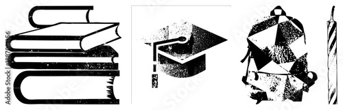 Stack of Textbooks, Graduation Cap, Backpack, and Candle in Vector Style