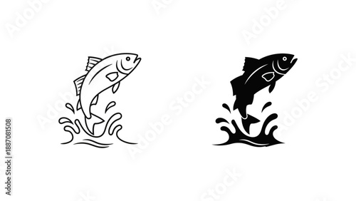 A minimalist vector graphic illustration of two fish jumping out of water in black and white