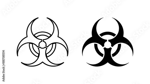 A vector graphic illustration of a biohazard symbol in black and white