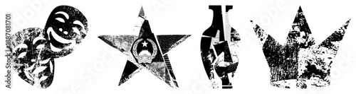 Vintage Theatrical Masks, Soviet Star, Vase, Crown Grunge Vector