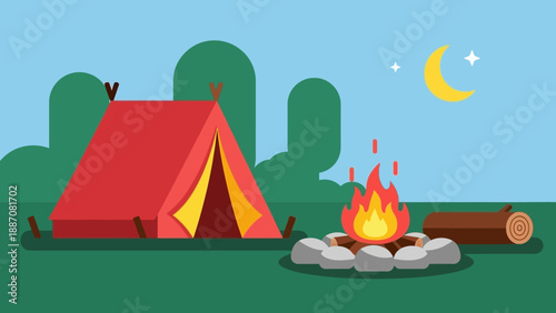 Camping Tent and Bonfire at Night with Moon and Stars