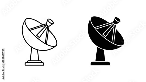 A minimalist vector graphic illustration of two satellite dishes in black and white