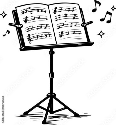 Music Stand with Open Sheet Music and Notes