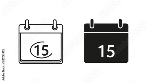A minimalist vector graphic of two calendar icons with the date 15, one in black and white outline and the other in solid black with white text.