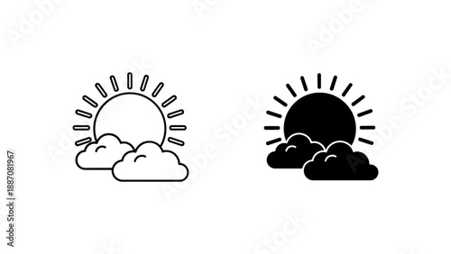 A vector graphic illustration of a sun rising behind clouds in both line art and silhouette styles