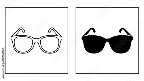 A minimalist vector graphic illustration of two pairs of glasses, one outlined and one filled, in a simple flat design style.