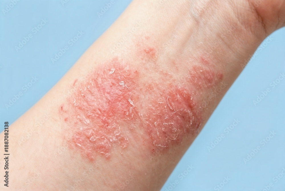 Fototapeta premium Close-up of eczema on an adult's forearm with irritated, red, dry skin