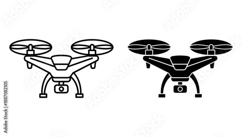 Modern Camera Drone Vector Icon Set - Professional Quadcopter Illustration in Linear and Glyph Style for Aerial Photography and Technology