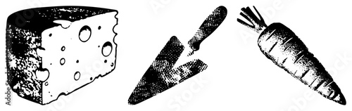 Vintage Halftone Illustration of Cheese, Knife, and Carrot in Black and White