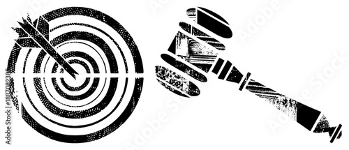 Target with Arrow Hit and Gavel Symbol in Halftone Vector Design
