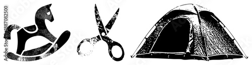 Rocking Horse, Scissors, and Tent Silhouettes in Halftone Vector Style