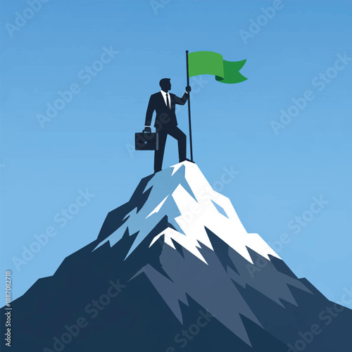 Businessman standing on mountain peak with green flag, symbolizing success and achievement