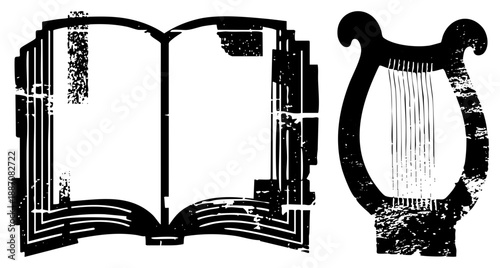Open Book and Harp Silhouettes with Vintage Grunge Texture