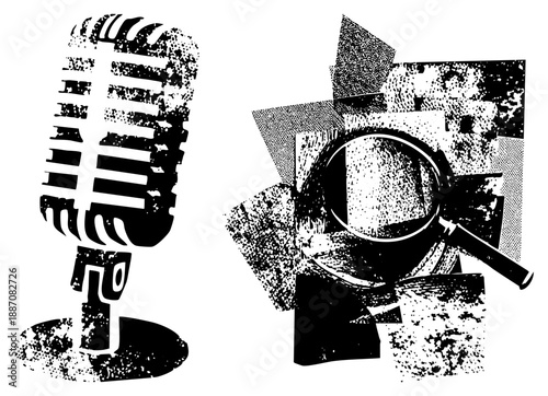 Vintage Microphone and Magnifying Glass in Halftone Graphic Design