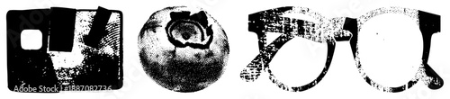 Halftone Vector of Smartphone, Blueberry, and Eyeglasses with Textured Grains