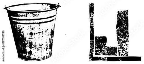 Weathered Metal Bucket with Rusty Texture and L Shaped Bracket Cutout