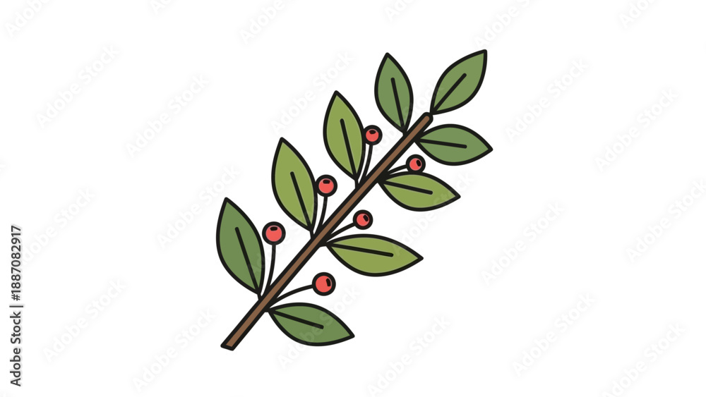 Obraz premium Green Branch with Red Berries - Simple Botanical Illustration